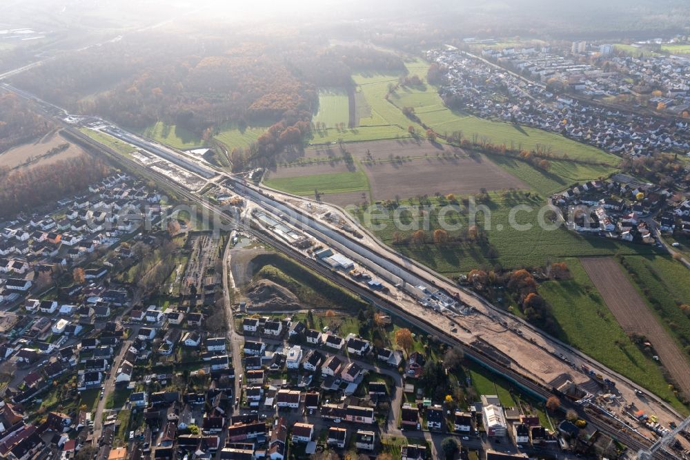 Rastatt from the bird's eye view: Construtcion work on a rail tunnel track in the route network of the Deutsche Bahn in Rastatt in the state Baden-Wurttemberg, Germany