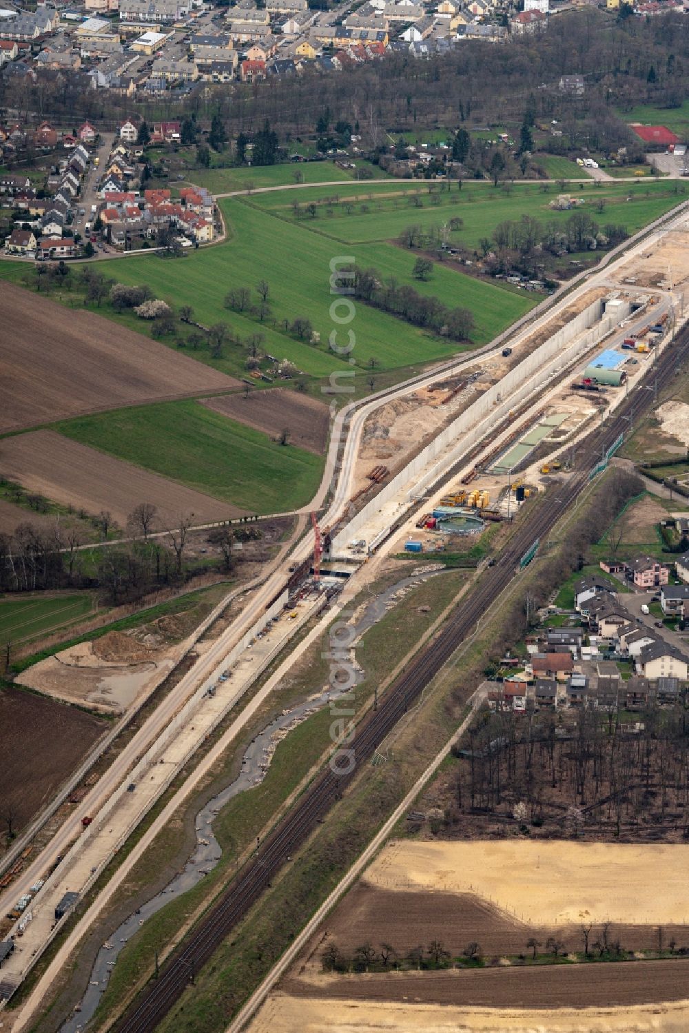 Aerial photograph Rastatt - Construtcion work on a rail tunnel track in the route network of the Deutsche Bahn in Rastatt in the state Baden-Wurttemberg, Germany