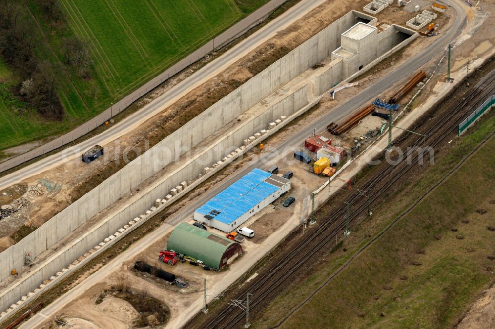 Rastatt from above - Construtcion work on a rail tunnel track in the route network of the Deutsche Bahn in Rastatt in the state Baden-Wurttemberg, Germany