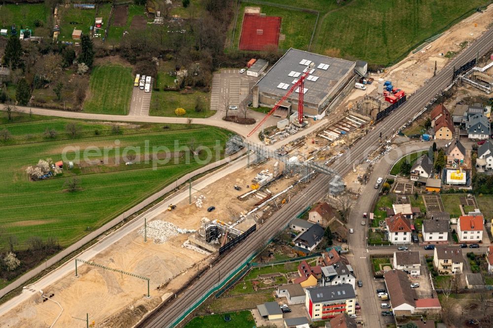 Rastatt from the bird's eye view: Construtcion work on a rail tunnel track in the route network of the Deutsche Bahn in Rastatt in the state Baden-Wurttemberg, Germany