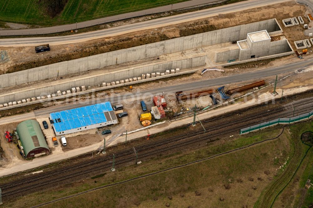 Aerial image Rastatt - Construtcion work on a rail tunnel track in the route network of the Deutsche Bahn in Rastatt in the state Baden-Wurttemberg, Germany