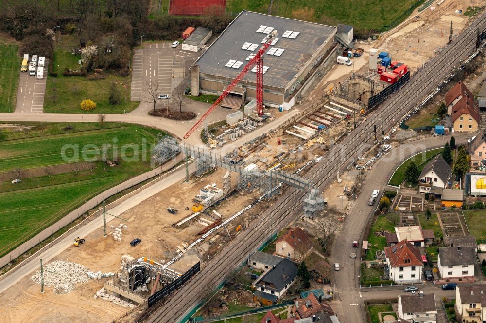 Rastatt from above - Construtcion work on a rail tunnel track in the route network of the Deutsche Bahn in Rastatt in the state Baden-Wurttemberg, Germany