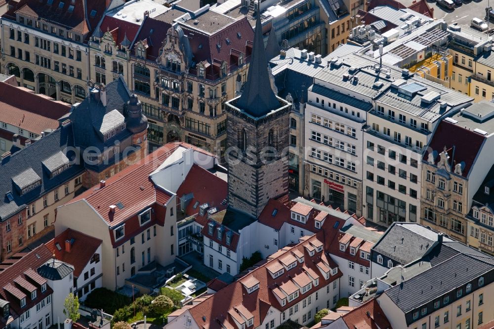 Erfurt from above - Tower building Bartholomaeusturm on Anger the rest of the former historic city walls in the district Altstadt in Erfurt in the state Thuringia, Germany