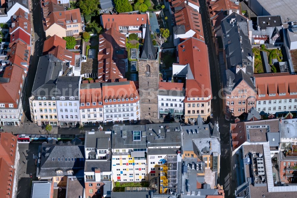 Erfurt from the bird's eye view: Tower building Bartholomaeusturm on Anger the rest of the former historic city walls in the district Altstadt in Erfurt in the state Thuringia, Germany