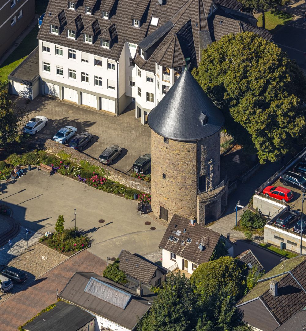 Hansestadt Attendorn from above - Tower building of the Bieketurm Am Seewerngraben the rest of the former historic city walls in Attendorn in the state North Rhine-Westphalia, Germany