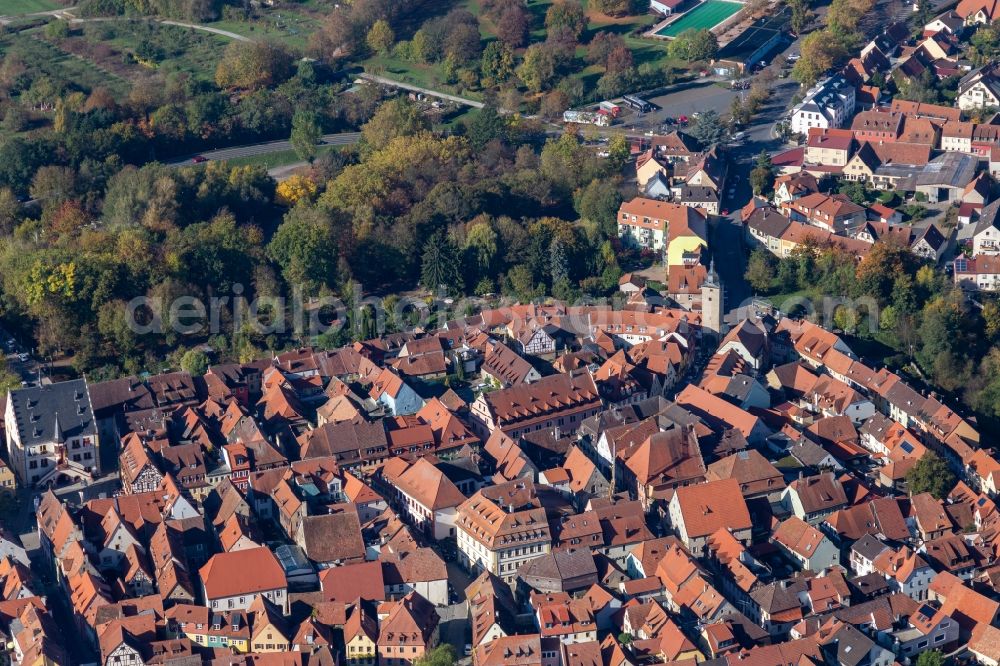 Aerial image Volkach - Tower building at the former historic city walls in Volkach in the state Bavaria, Germany