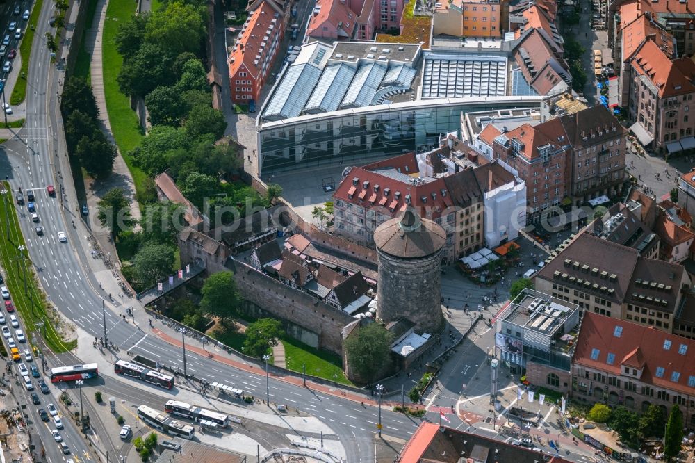 Nürnberg from above - Tower building Frauentorturm on Koenigstrasse the rest of the former historic city walls in Nuremberg in the state Bavaria, Germany