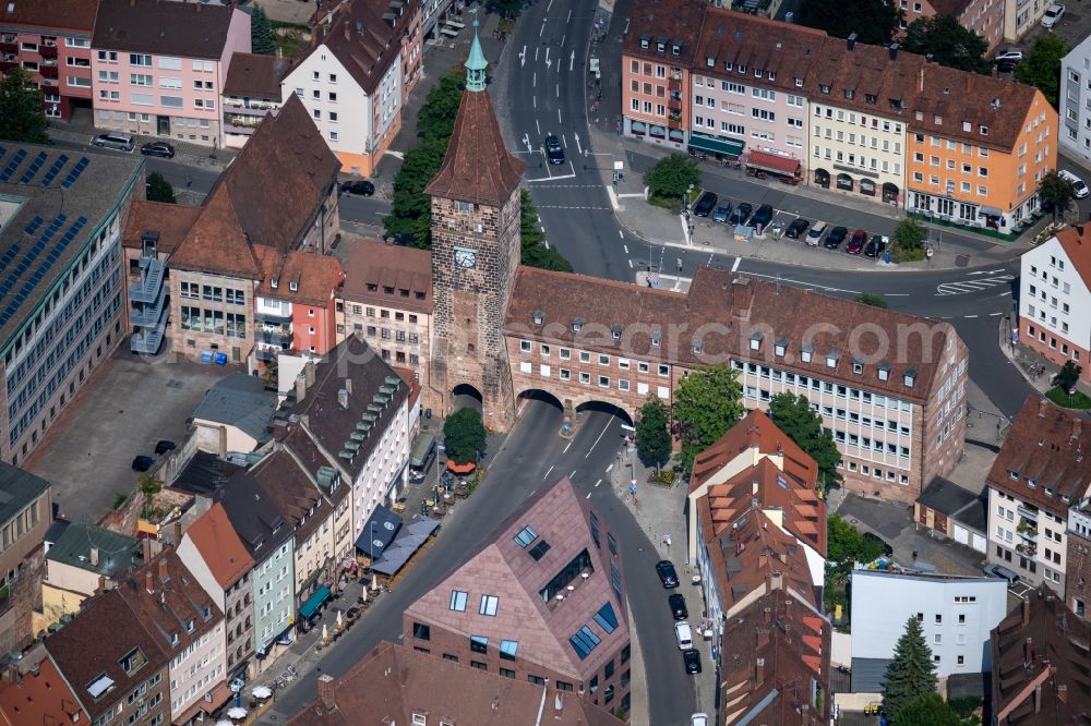Nürnberg from above - Tower building Laufer Schlagturm Am Laufer Schlagturm - Innerer Laufer Platz the rest of the former historic city walls in the district Altstadt in Nuremberg in the state Bavaria, Germany