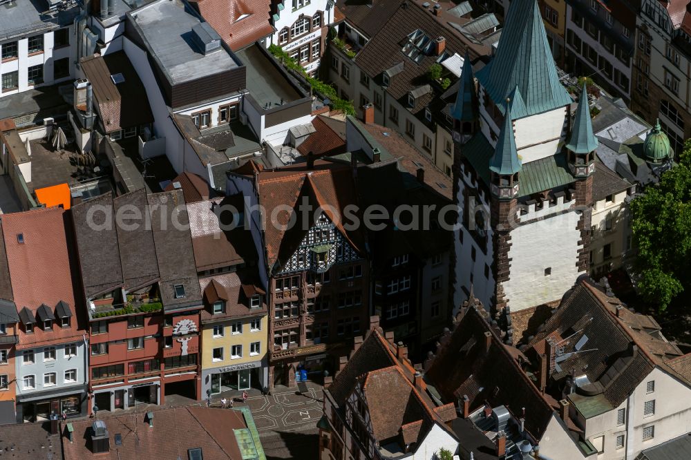 Aerial image Freiburg im Breisgau - Tower building Martinstor at the former historic city walls in Freiburg im Breisgau in the state Baden-Wurttemberg, Germany