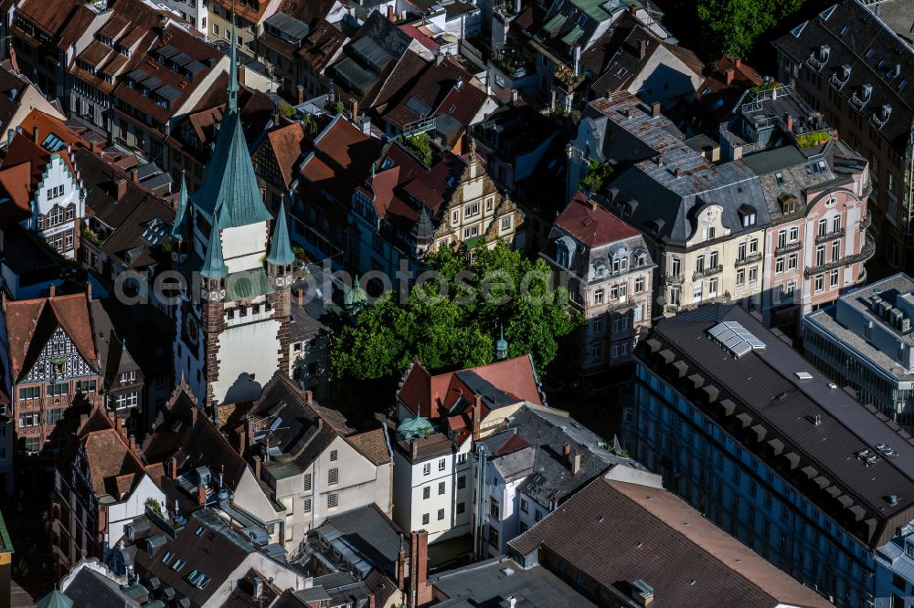 Freiburg im Breisgau from above - Tower building Martinstor at the former historic city walls in Freiburg im Breisgau in the state Baden-Wurttemberg, Germany