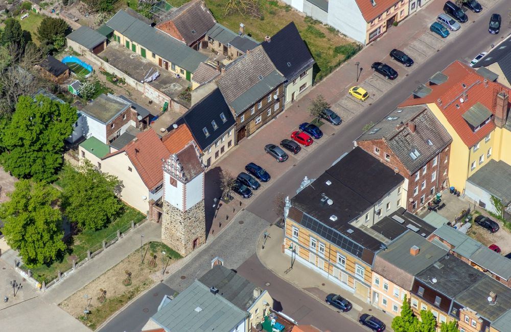 Aken from above - Tower building the rest of the former historic city walls in Aken in the state Saxony-Anhalt, Germany