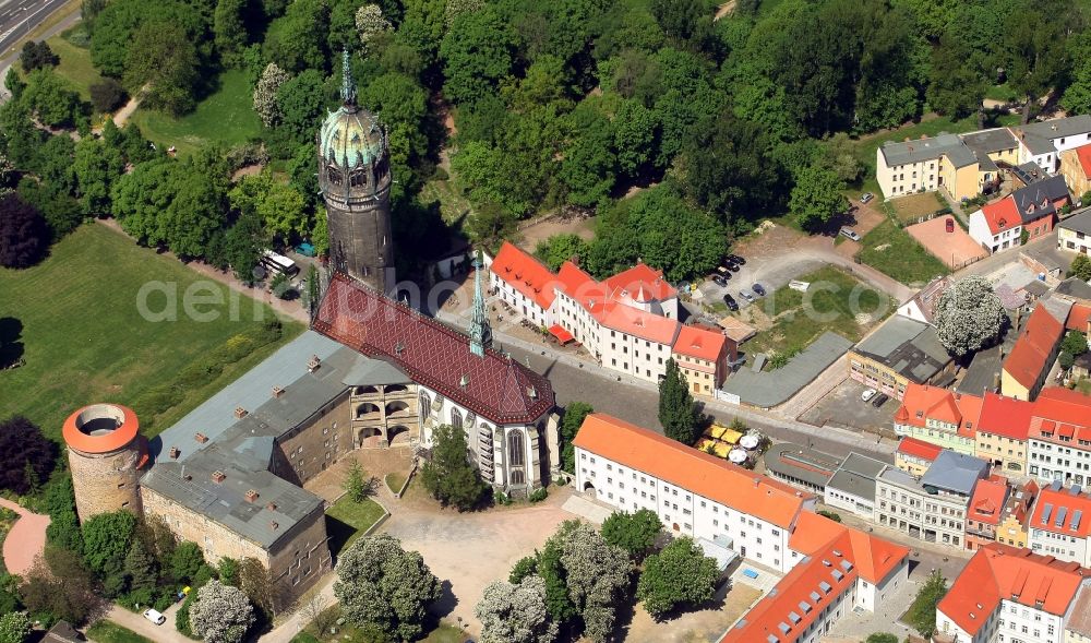 Lutherstadt Wittenberg from above - Castle church of Wittenberg with Gothic tower at the west end of the town is a UNESCO World Heritage Site