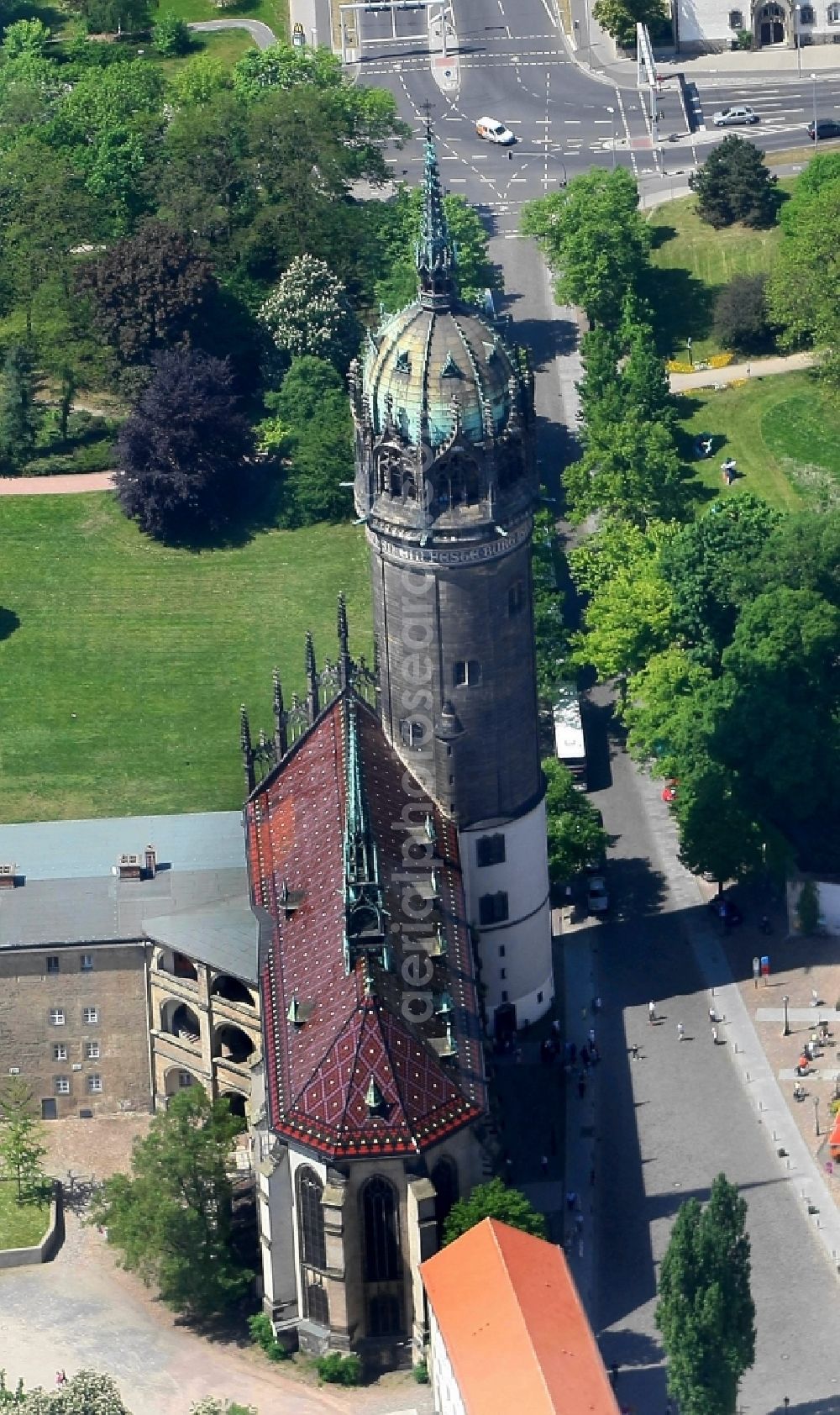 Lutherstadt Wittenberg from above - Castle church of Wittenberg with Gothic tower at the west end of the town is a UNESCO World Heritage Site