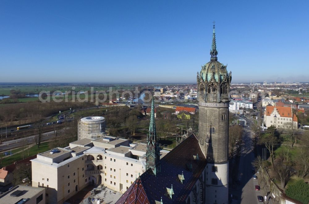 Aerial image Lutherstadt Wittenberg - Castle church of Wittenberg with Gothic tower at the west end of the town is a UNESCO World Heritage Site