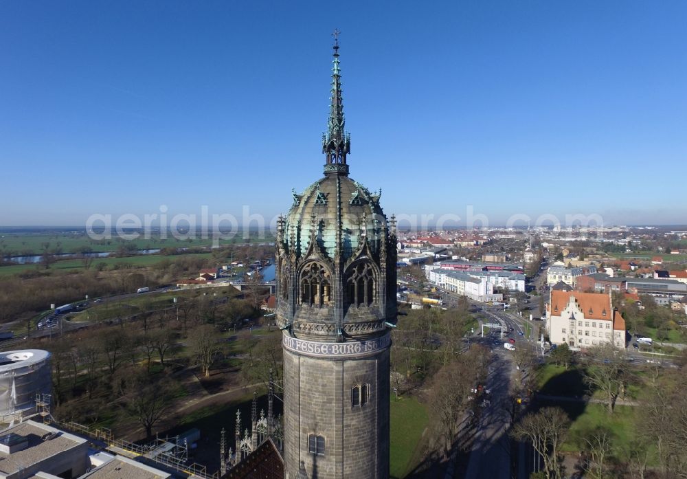 Aerial photograph Lutherstadt Wittenberg - Castle church of Wittenberg with Gothic tower at the west end of the town is a UNESCO World Heritage Site