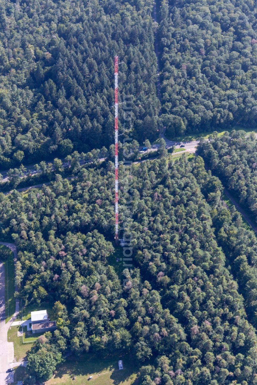 Eggenstein-Leopoldshafen from the bird's eye view: Tower for measuring radioactive pollution of the air of the KIT Campus North (former Nuclear research Centre Karlsruhe) in Eggenstein-Leopoldshafen in the state Baden-Wuerttemberg