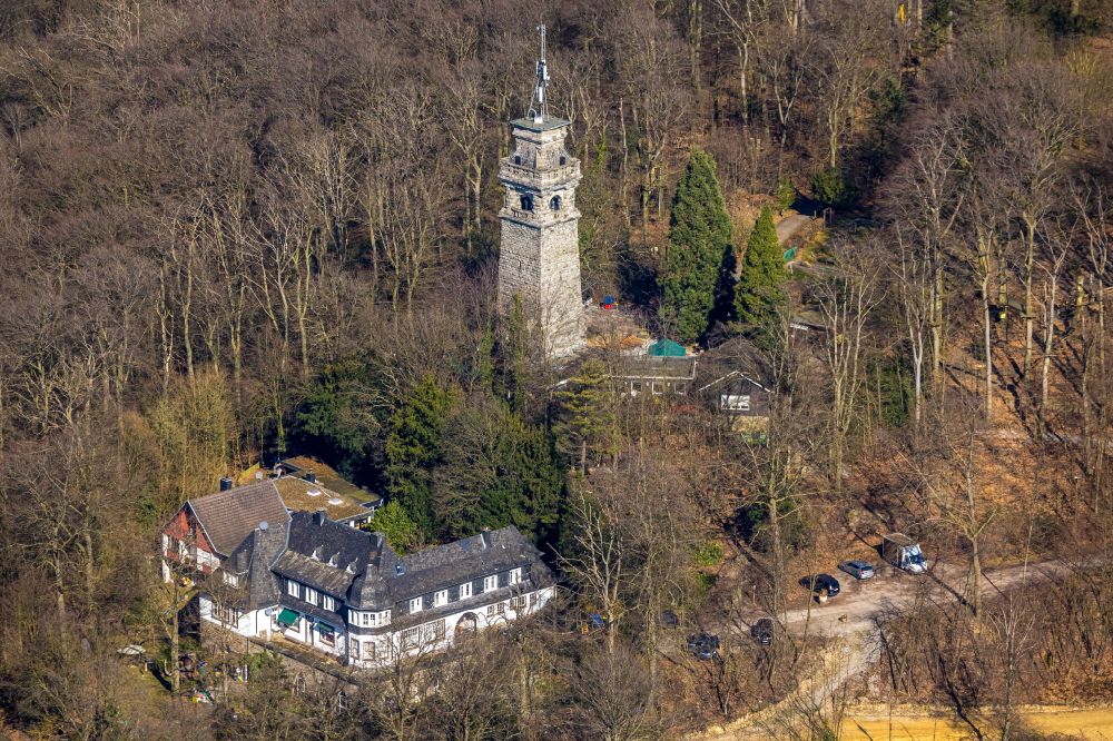 Velbert from the bird's eye view: Tower building of the Bismarck tower - observation tower in the district Langenberg in Velbert in the state North Rhine-Westphalia, Germany