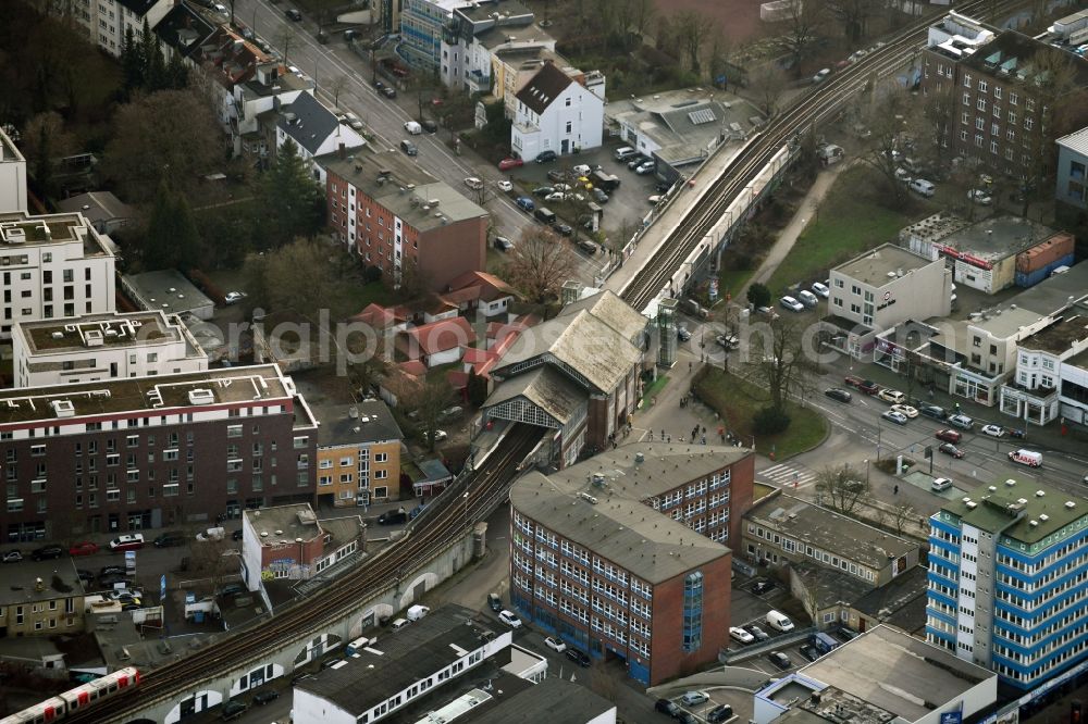 Hamburg from the bird's eye view: Station building and track systems of Metro subway station Hamburger Strasse in the district Barmbek-Sued in Hamburg, Germany