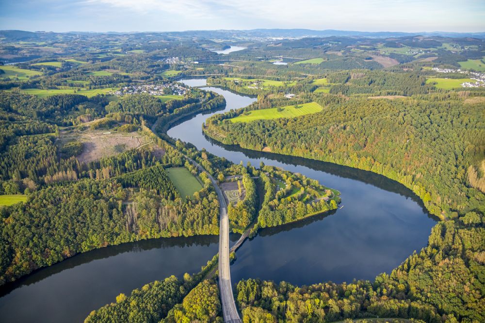 Olpe from above - Curved loop of the riparian zones on the course of the river Bigge on street B54 in Olpe at Sauerland in the state North Rhine-Westphalia, Germany
