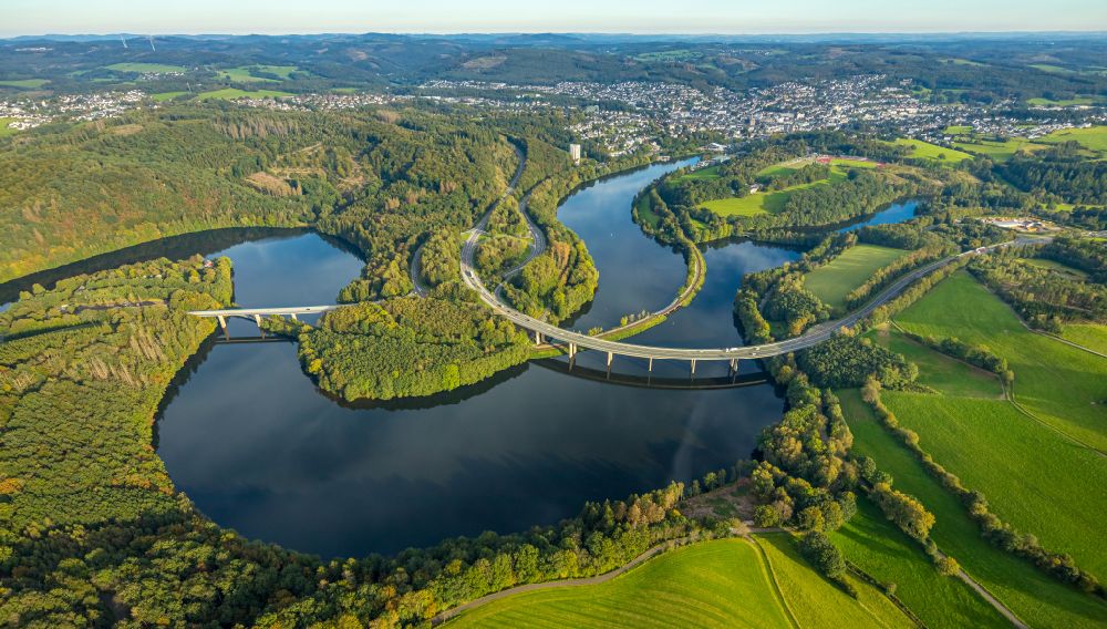 Aerial image Olpe - Curved loop of the riparian zones on the course of the river Bigge on street B54 in Olpe at Sauerland in the state North Rhine-Westphalia, Germany