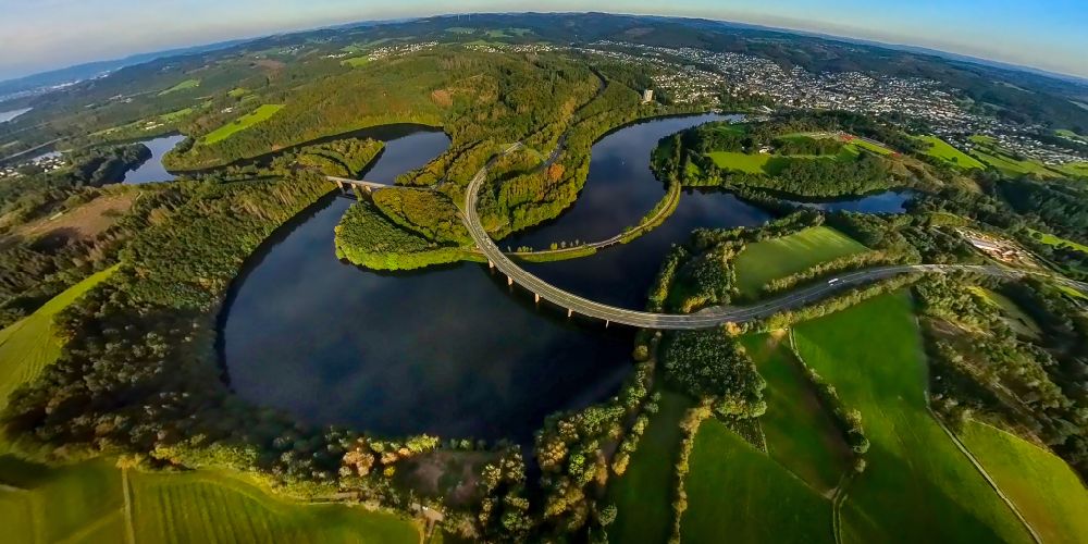 Olpe from above - Curved loop of the riparian zones on the course of the river Bigge on street B54 in Olpe at Sauerland in the state North Rhine-Westphalia, Germany