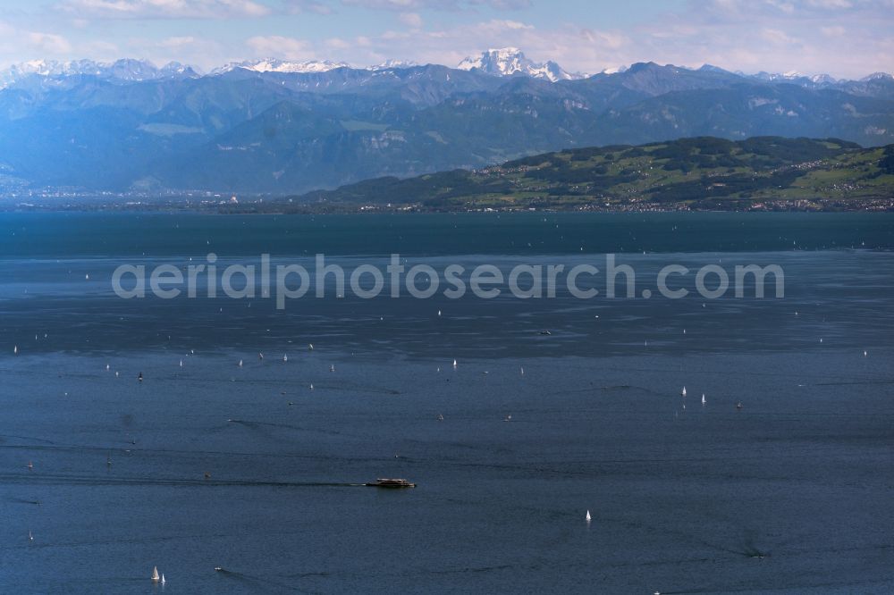 Romanshorn from above - Riparian areas on the lake area of Bodesee with Alpen in background in Romanshorn at Bodensee in the canton Thurgau, Switzerland