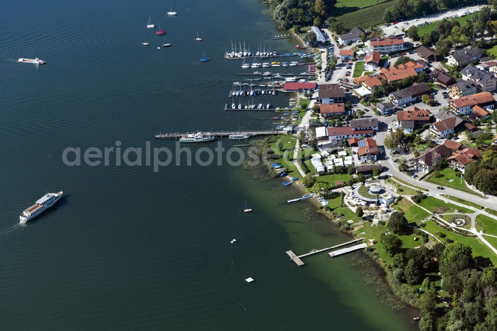Gstadt am Chiemsee from above - Riparian areas on the lake area of Chiemsee in Gstadt am Chiemsee in the state Bavaria, Germany