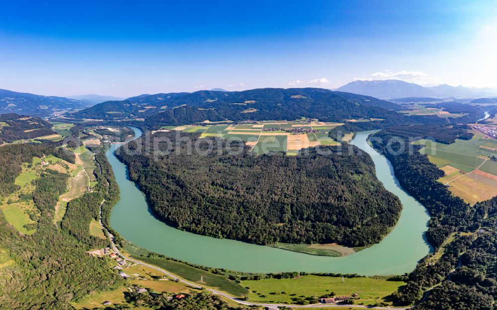 Wunderstätten from the bird's eye view: Curved loop of the riparian zones on the course of the river Drau in Wunderstaetten in Kaernten, Austria