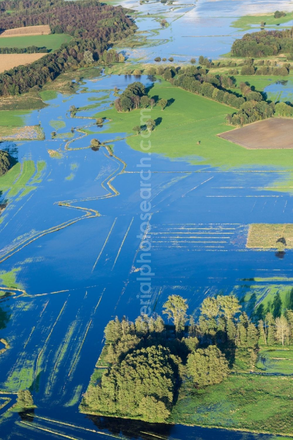 Fredenbeck from above - Shore areas with flooded by flood level riverbed of Schwinge in Fredenbeck in the state Lower Saxony, Germany