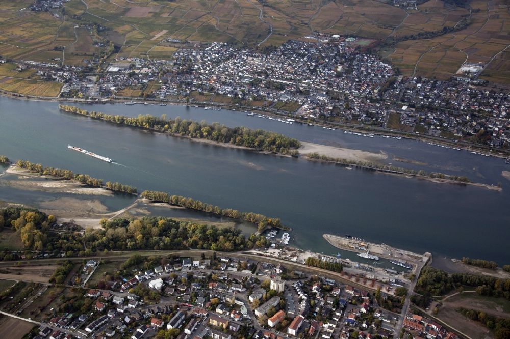 Ingelheim am Rhein from above - Shore areas exposed by low-water level riverbed on the Rhine river in Ingelheim am Rhein in the state Rhineland-Palatinate, Germany. The Ingelheim district Frei-Weinheim has a harbor. Opposite, on the right bank of the Rhine (above) is the town of Oestrich-Winkel