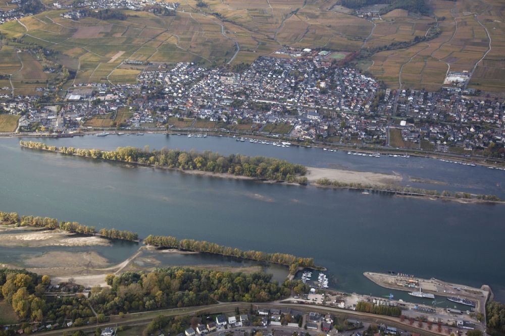 Aerial photograph Ingelheim am Rhein - Shore areas exposed by low-water level riverbed on the Rhine river in Ingelheim am Rhein in the state Rhineland-Palatinate, Germany. The Ingelheim district Frei-Weinheim has a harbor. Opposite, on the right bank of the Rhine (above) is the town of Oestrich-Winkel
