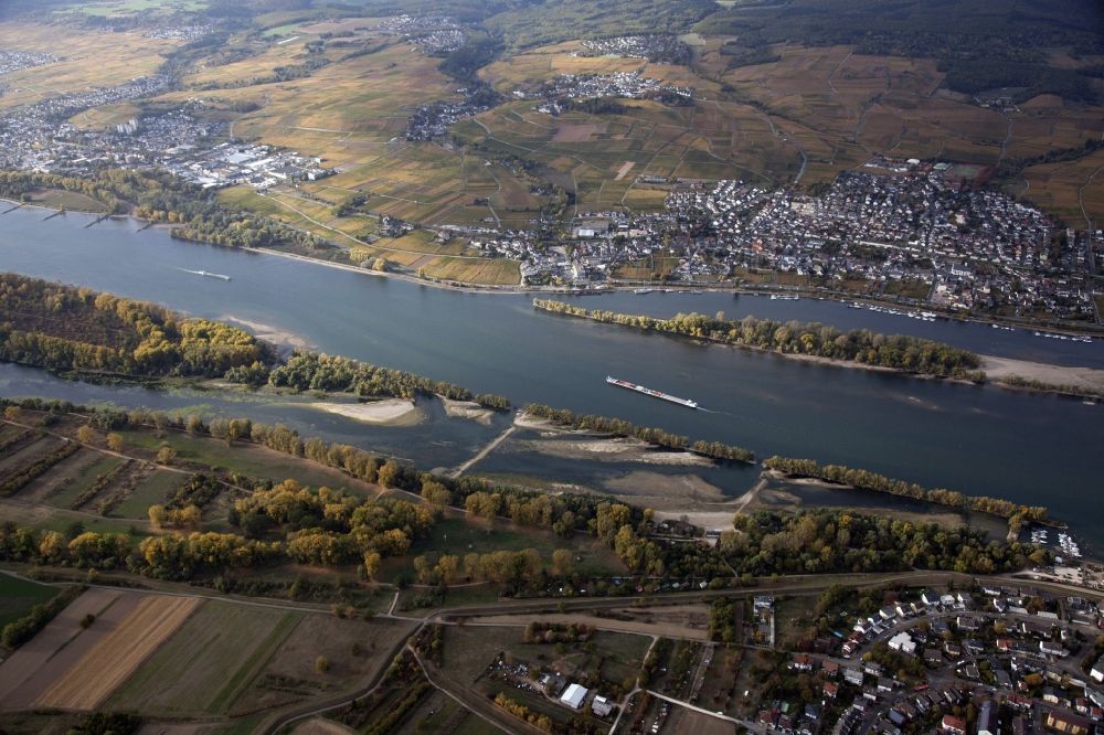 Aerial image Oestrich-Winkel - Shore areas exposed by low-water level riverbed on the Rhine river in Oestrich-Winkel (above) in the state Hesse, Germany