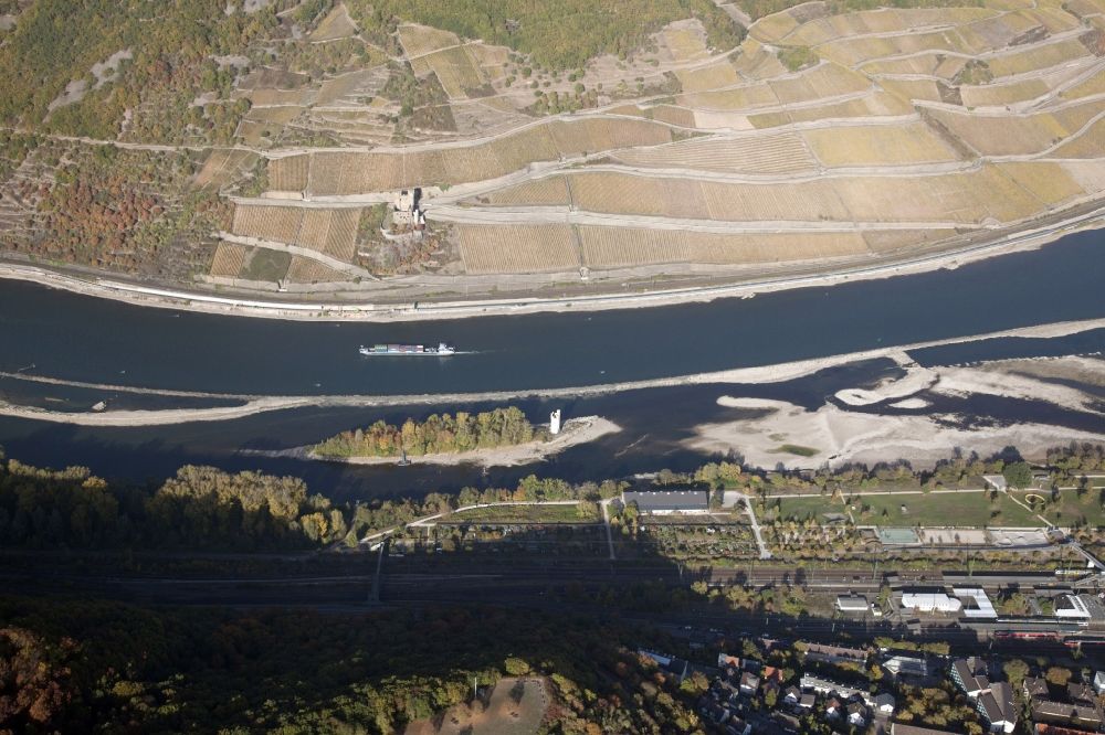 Aerial photograph Rüdesheim am Rhein - Shore areas exposed by low-water level riverbed on the Rhine river in Ruedesheim am Rhein in the state Hesse, Germany. On the right bank of the river (above) lies Ehrenfels Castle in the middle of the Rheingau vineyards