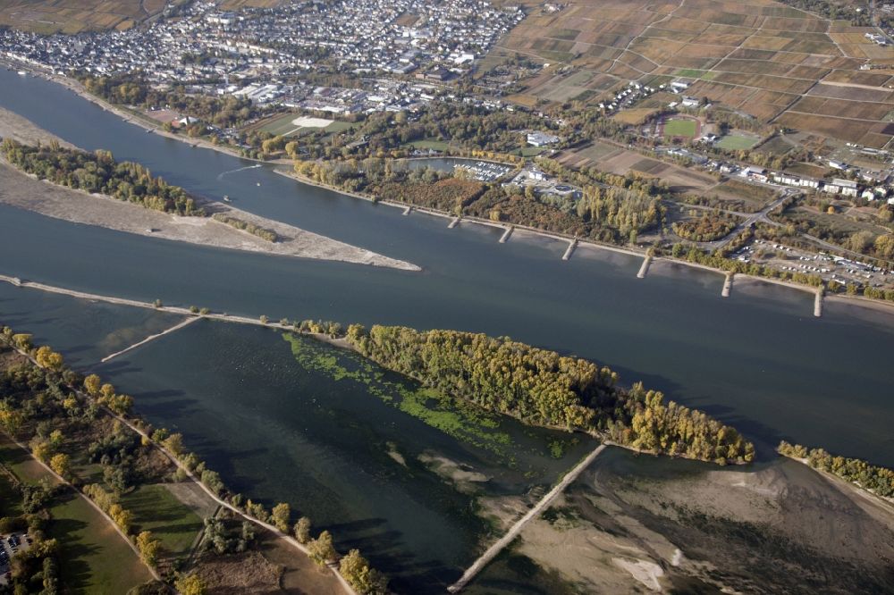 Aerial image Rüdesheim am Rhein - Shore areas exposed by low-water level riverbed on the Rhine river in Ruedesheim am Rhein in the state Hesse, Germany