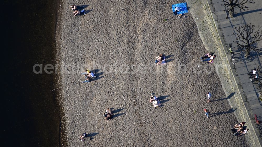 Aerial photograph Beuel-Mitte - Shore areas exposed by low-water level riverbed of the Rhine river in Beuel-Mitte in the state North Rhine-Westphalia, Germany