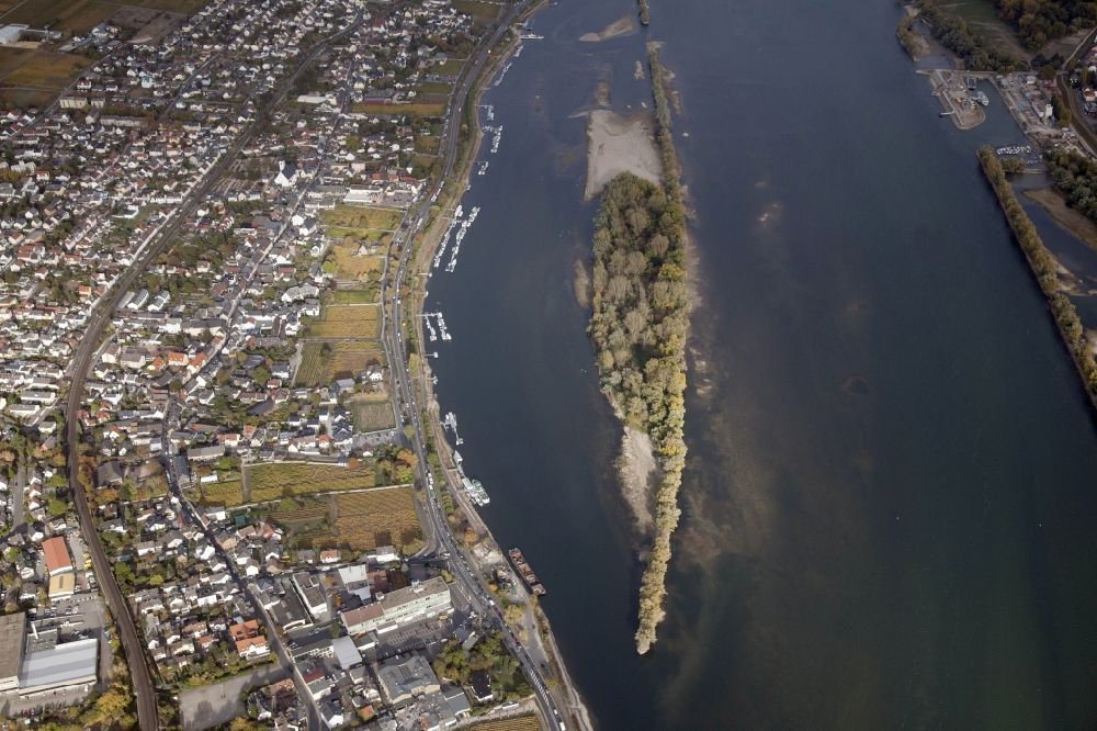 Aerial image Oestrich-Winkel - Shore areas exposed by low-water level riverbed on the Rhine river in Oestrich-Winkel in the state Hesse, Germany. In the river the island Winkeler Aue