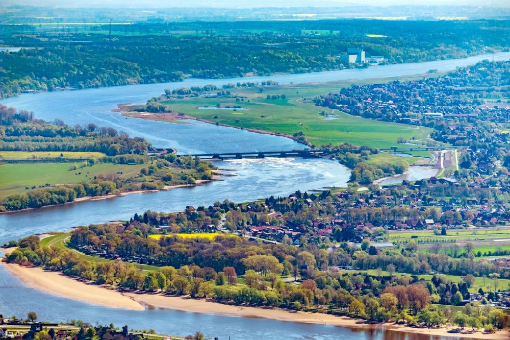 Marschacht from above - Curved loop of the riparian zones on the course of the river Elbe- in Marschacht in the state Lower Saxony, Germany