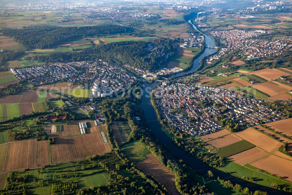 Remseck am Neckar from the bird's eye view: Riparian areas along the river mouth of Rems into the river Neckar in Remseck am Neckar in the state Baden-Wuerttemberg, Germany