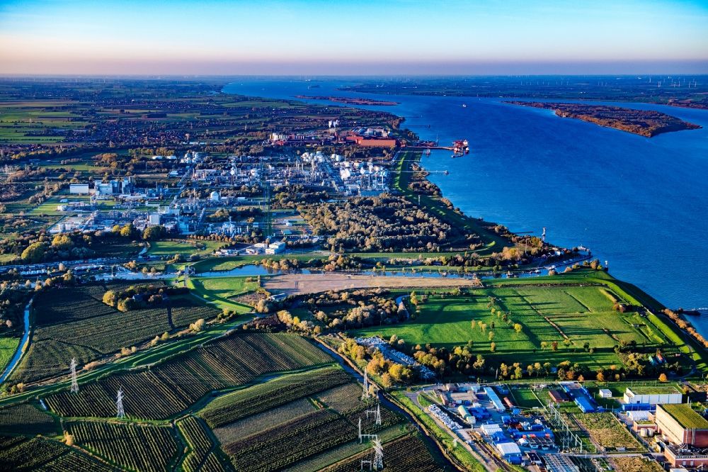 Stade from above - Riparian areas along the river estuary Schwinge in the Elbe near Stade in the state Lower Saxony, Germany