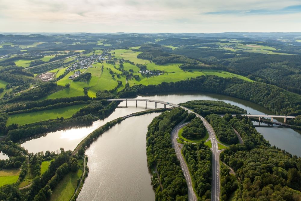Aerial image Olpe - Riparian zones on the course of the river Bigge with various bridges in Olpe in the state North Rhine-Westphalia
