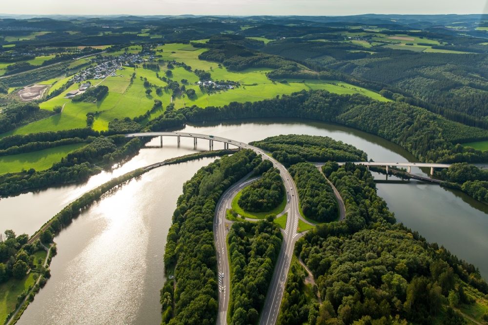 Aerial photograph Olpe - Riparian zones on the course of the river Bigge with various bridges in Olpe in the state North Rhine-Westphalia
