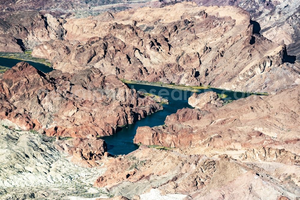 Havasu Lake from the bird's eye view: Riparian zones on the course of the river of Colorado River in in California, United States of America