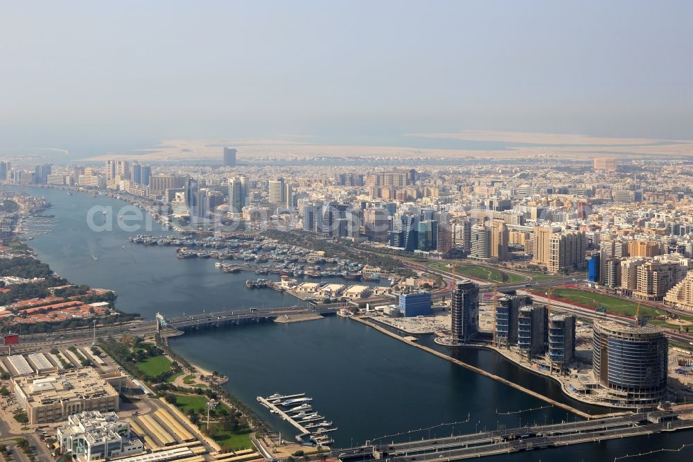 Aerial image Dubai - Riparian zones on the course of the river The Creek in the district Bur Dubai in Dubai in United Arab Emirates