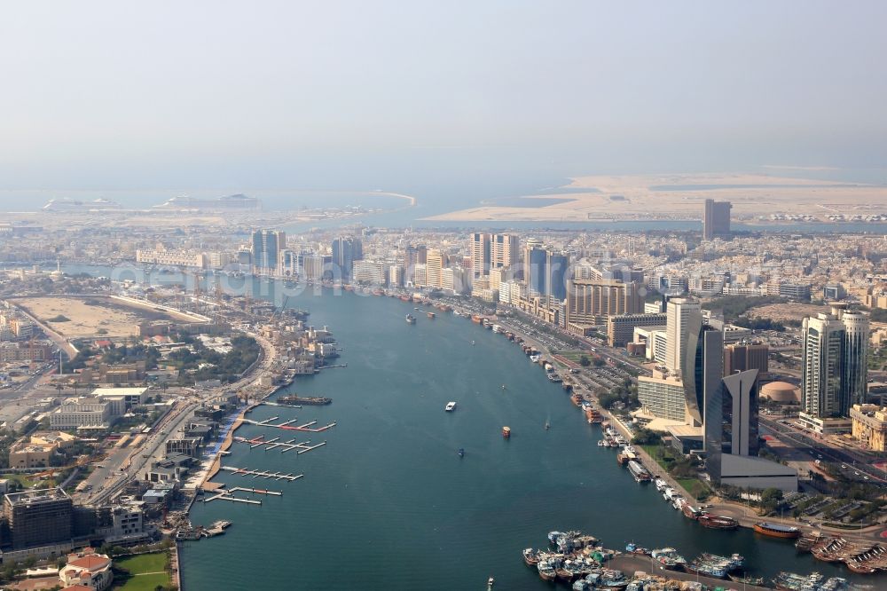 Dubai from above - Riparian zones on the course of the river The Creek in the district Bur Dubai in Dubai in United Arab Emirates