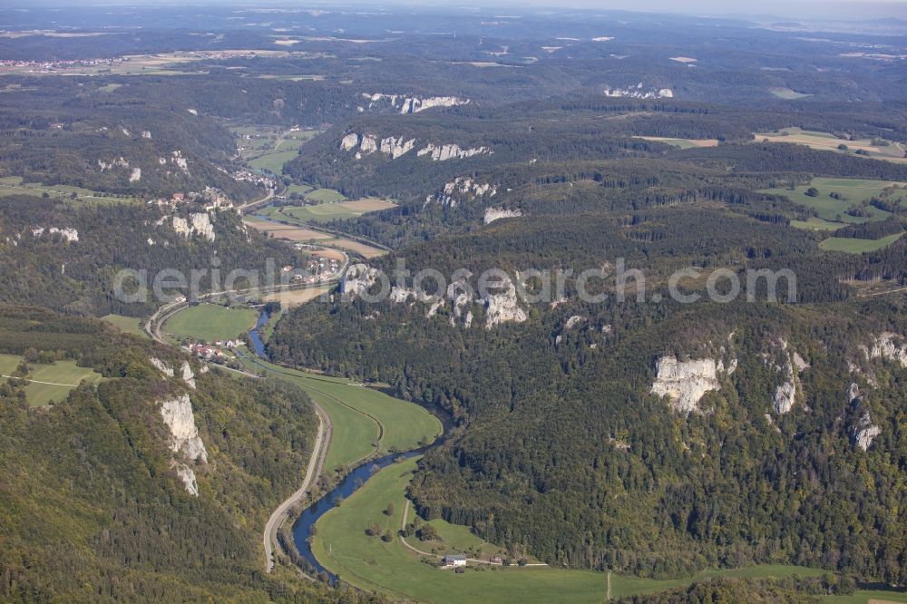 Beuron from the bird's eye view: Riparian zones on the course of the river of the river Danube in Beuron in the state Baden-Wurttemberg, Germany