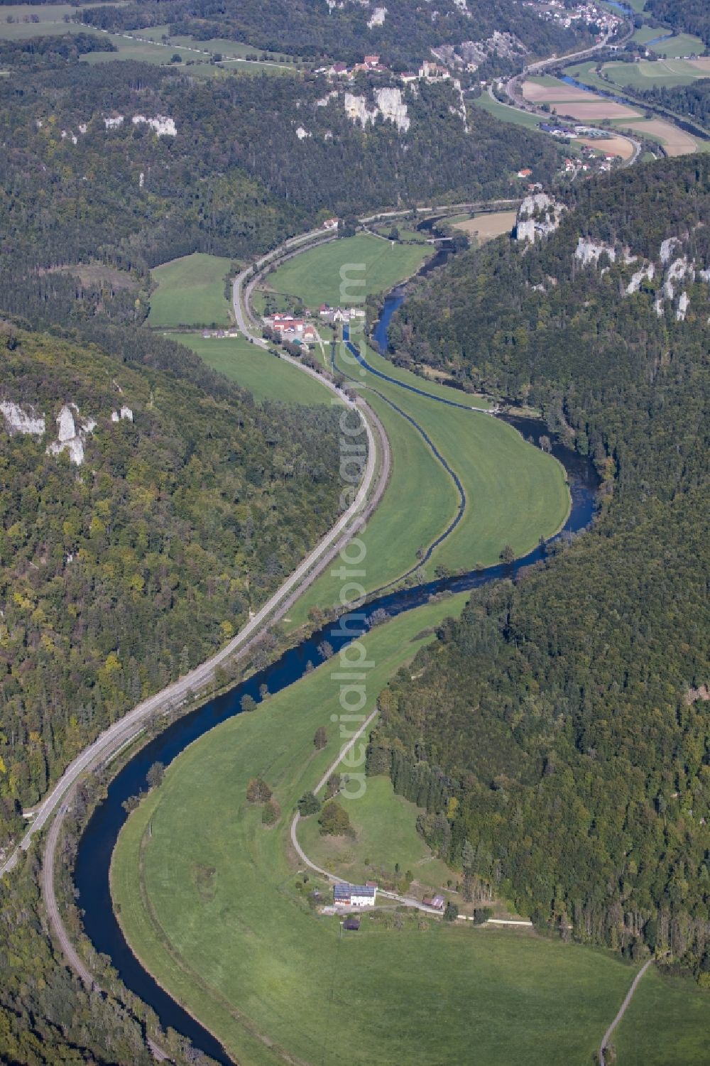 Aerial image Beuron - Riparian zones on the course of the river of the river Danube in Beuron in the state Baden-Wurttemberg, Germany