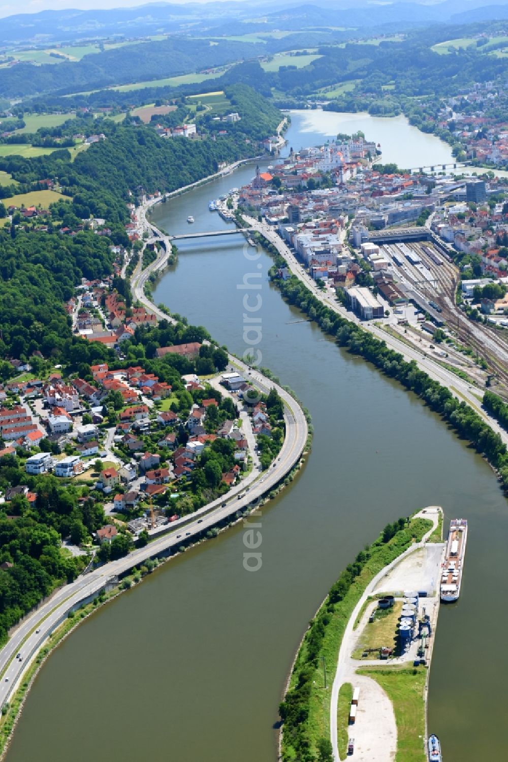 Passau from above - Riparian zones on the course of the river of the river Danube in Passau in the state Bavaria, Germany