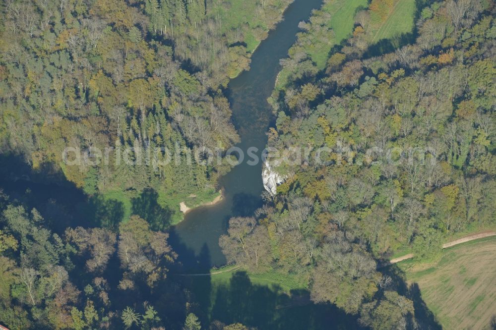 Sigmaringen from the bird's eye view: Riparian zones on the course of the river Danube in Sigmaringen in the state Baden-Wuerttemberg