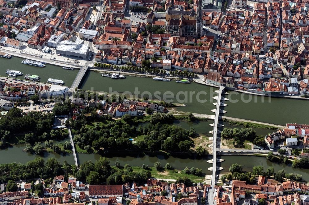 Regensburg from above - Riparian zones on the course of the river of Donau with of Steinernen Bruecke in Regensburg in the state Bavaria, Germany