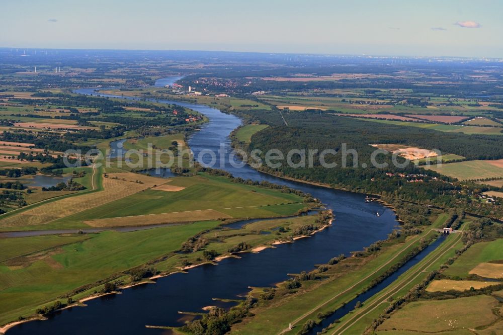 Nostorf from above - Riparian zones on the course of the river of the River Elbe in Nostorf in the state Mecklenburg - Western Pomerania, Germany